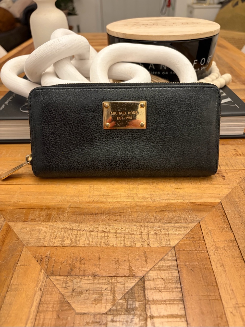 Michael Kors Black Leather Zip Wallet with Gold Plaque